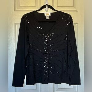 Talbots Black Beaded Sequence V-Neck Sweater Silk Blend Long Sleeve Sz X EUC